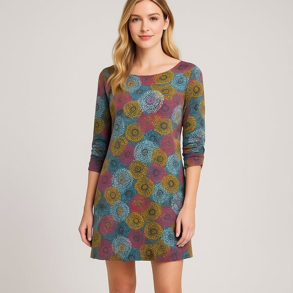 Soybu Floral Knit Athleisure Dress Multicolor 3/4 Ruched Sleeves Size Medium EUC - Picture 1 of 11